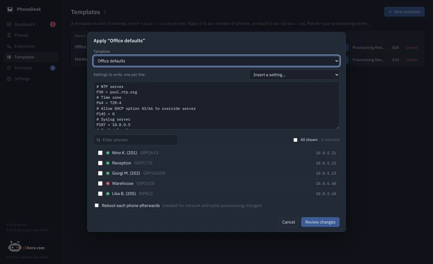 Apply dialog with a phone picker and review step