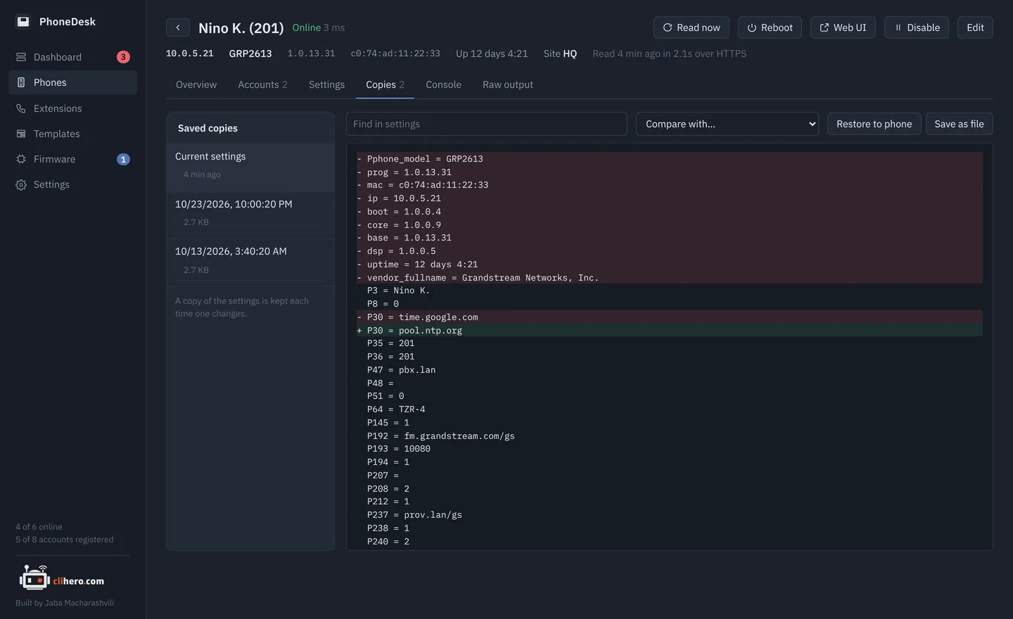 Two saved settings copies compared side by side