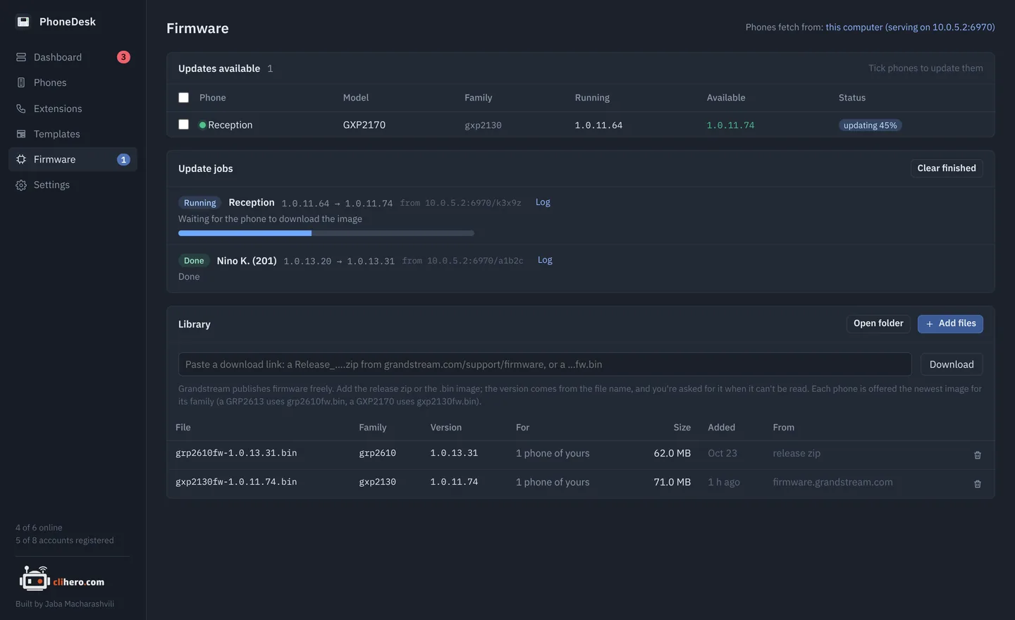 Firmware page with available updates, running jobs and the image library