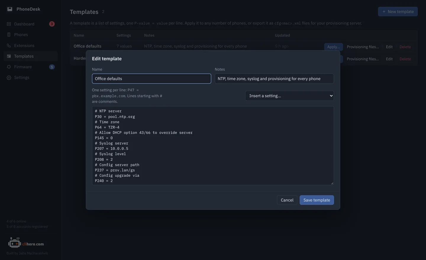 Template editor with a setting picker