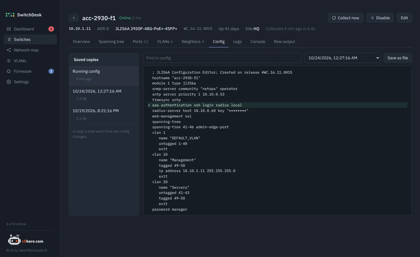 Two saved configs compared side by side