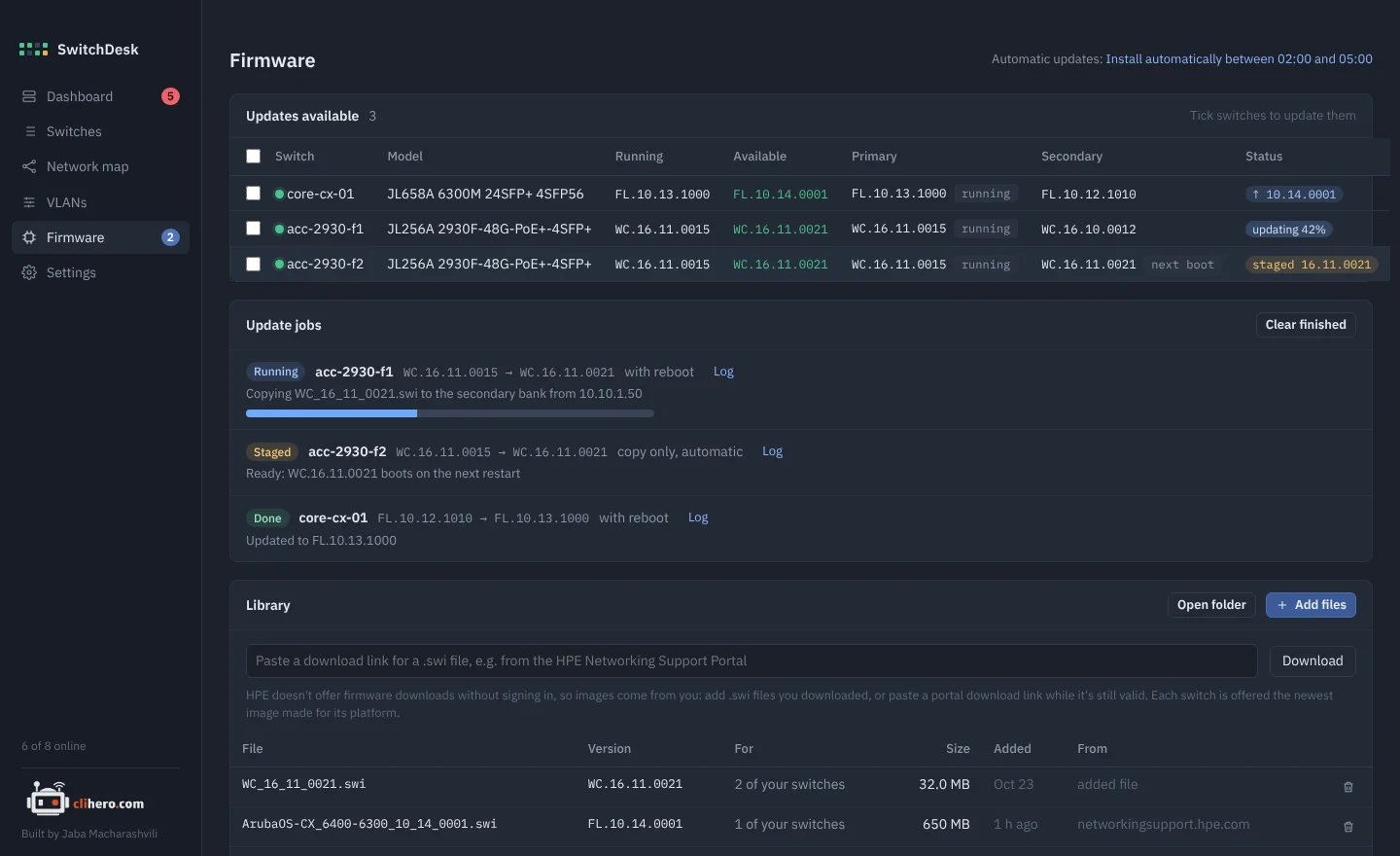 Firmware page with available updates, running jobs and the image library