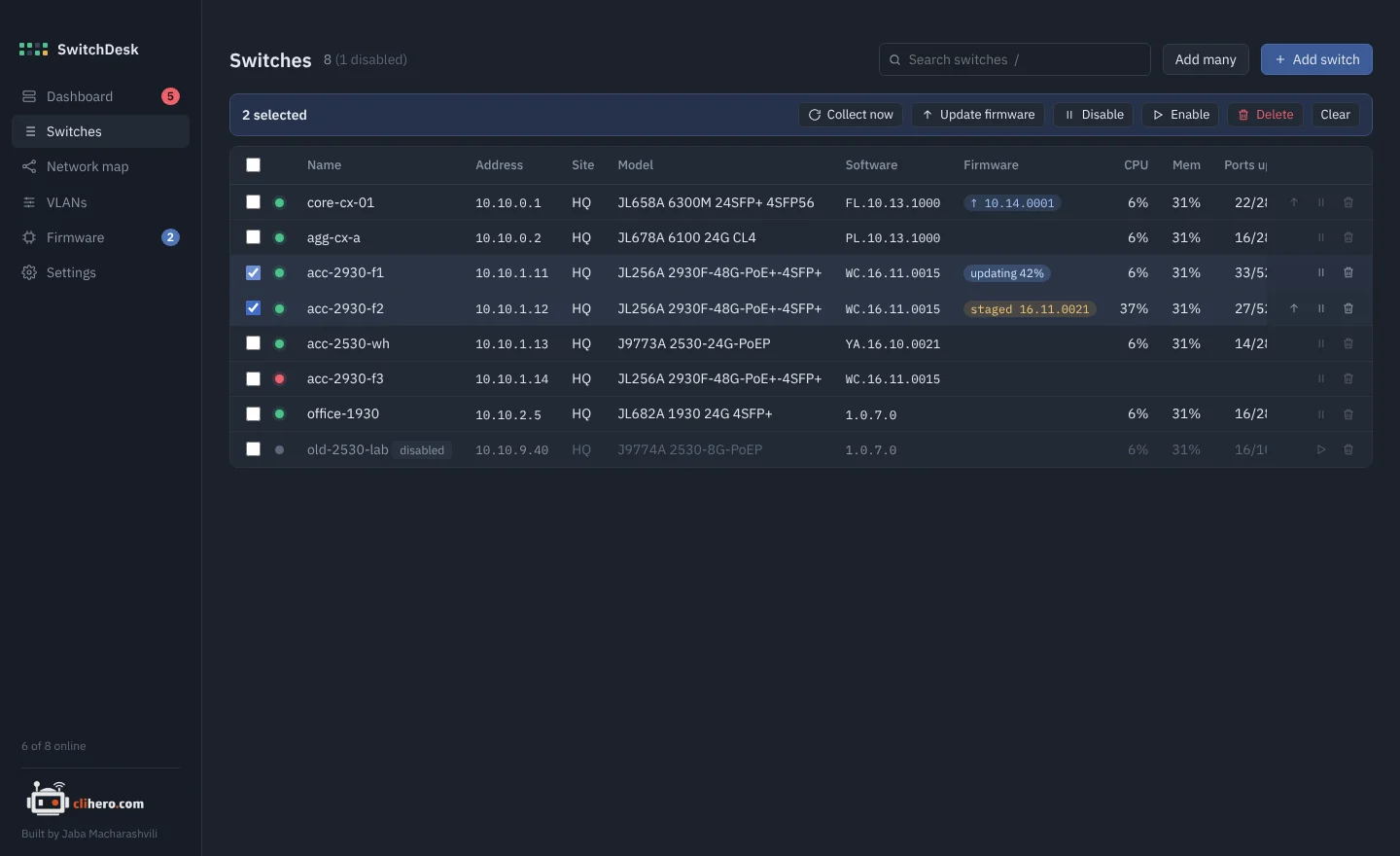 Switch list with search, firmware status and bulk actions on selected switches