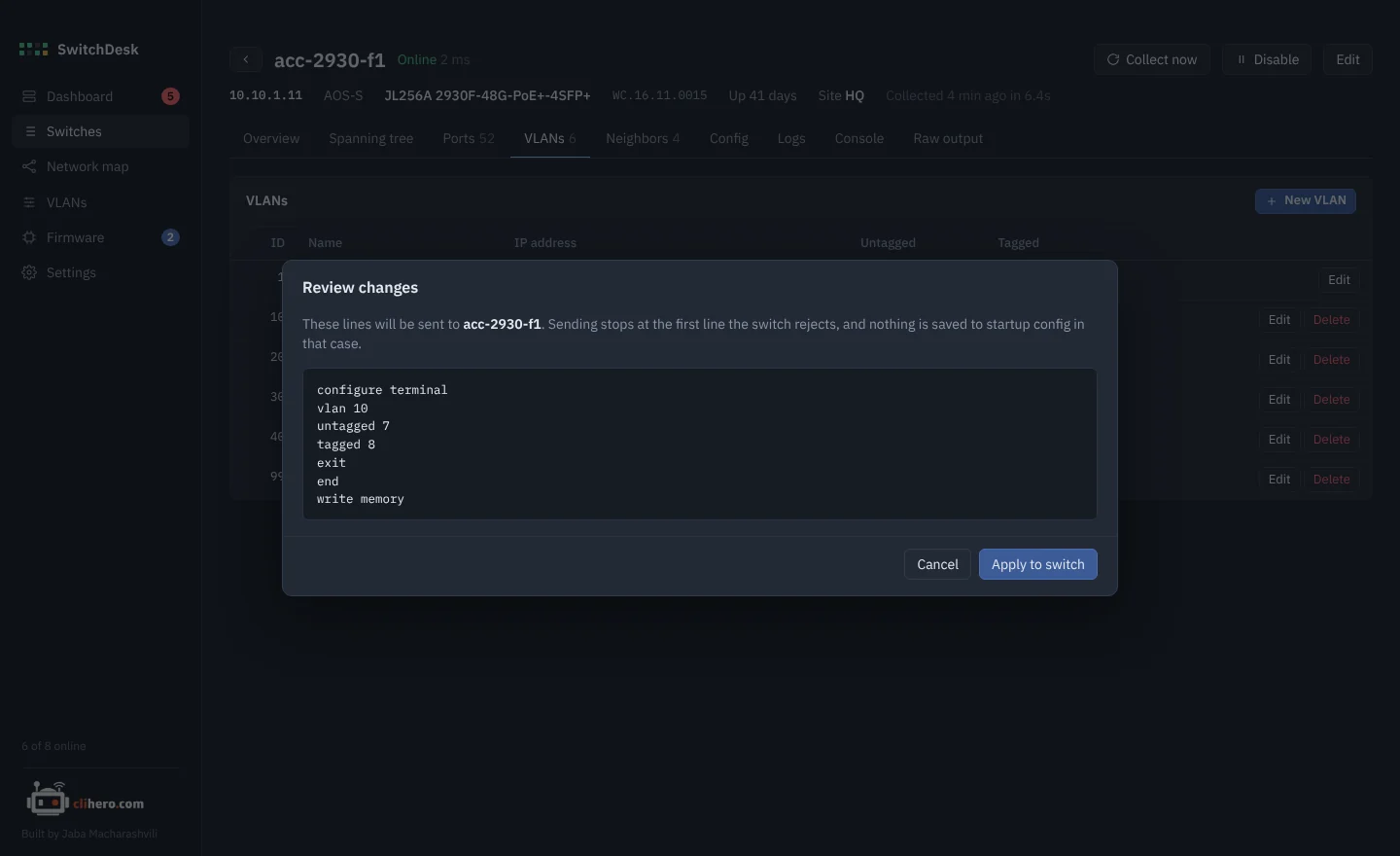 Review screen listing the CLI lines to send